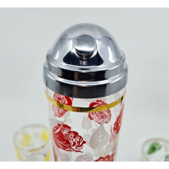 Hazel Atlas MCM Retro Rose-Pattern colorful Cocktail Shaker & Glass Set - Picture 2 of 10